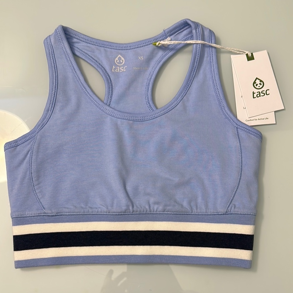 tasc Light Blue Racerback Sports Bra with Striped Band